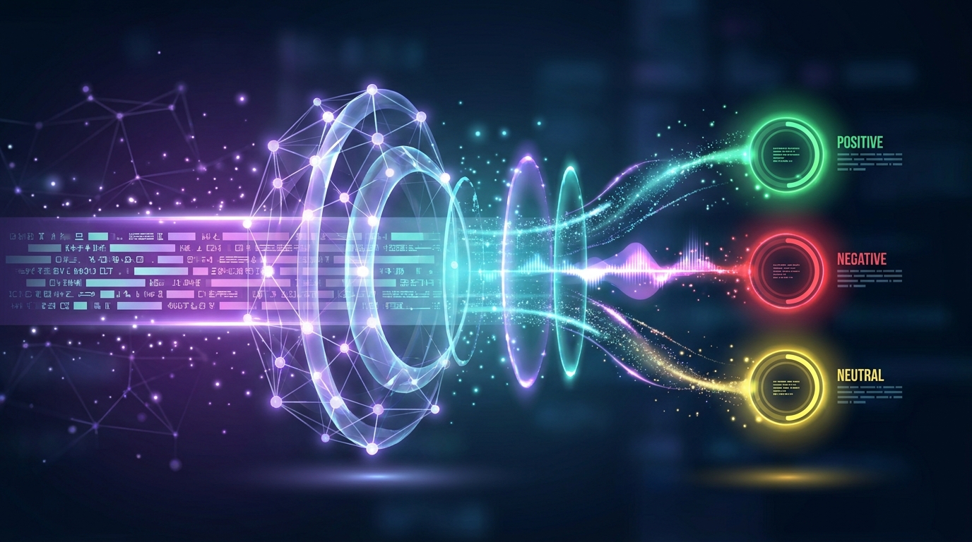 NLP pipeline xử lý văn bản qua các lớp AI để phân tích sentiment khách hàng