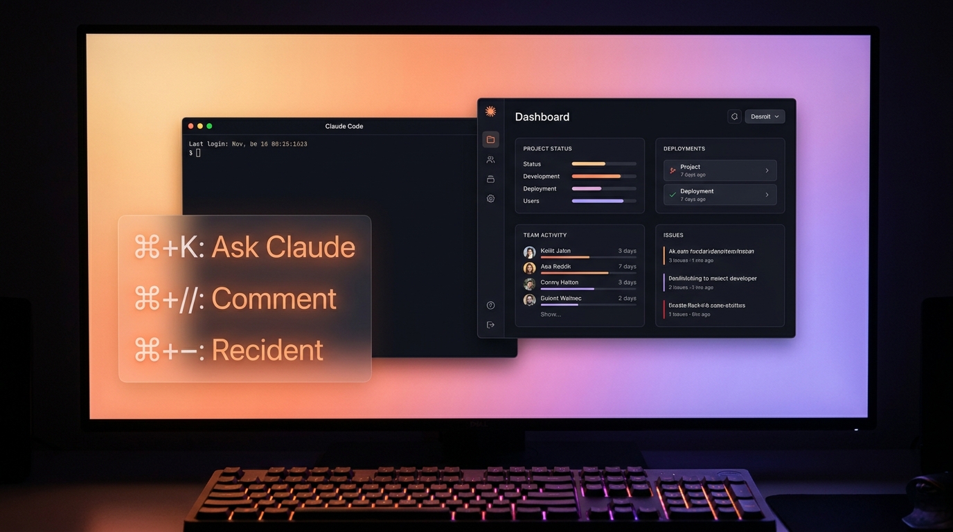 Claude Code terminal interface with glowing keyboard shortcuts overlay, developer workflow dashboard