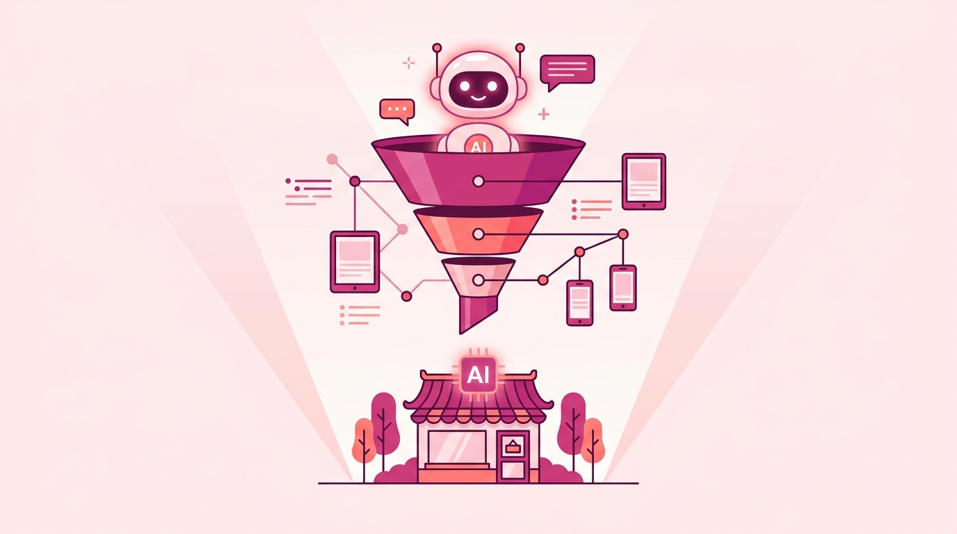 Sơ đồ phễu marketing TOFU-MOFU-BOFU với AI chatbot tại mỗi giai đoạn, futuristic neon gradient