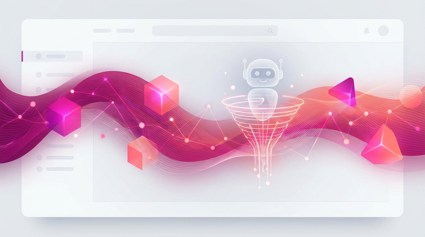 AI chatbot interface với hologram phễu marketing phát sáng, futuristic gradient xanh-tím