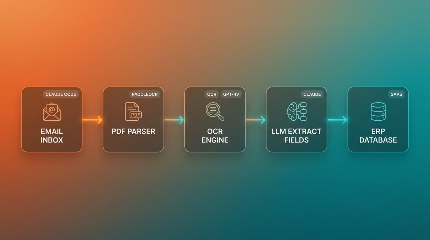 Workflow xử lý hóa đơn 5 bước email PDF parser OCR LLM extract ERP database