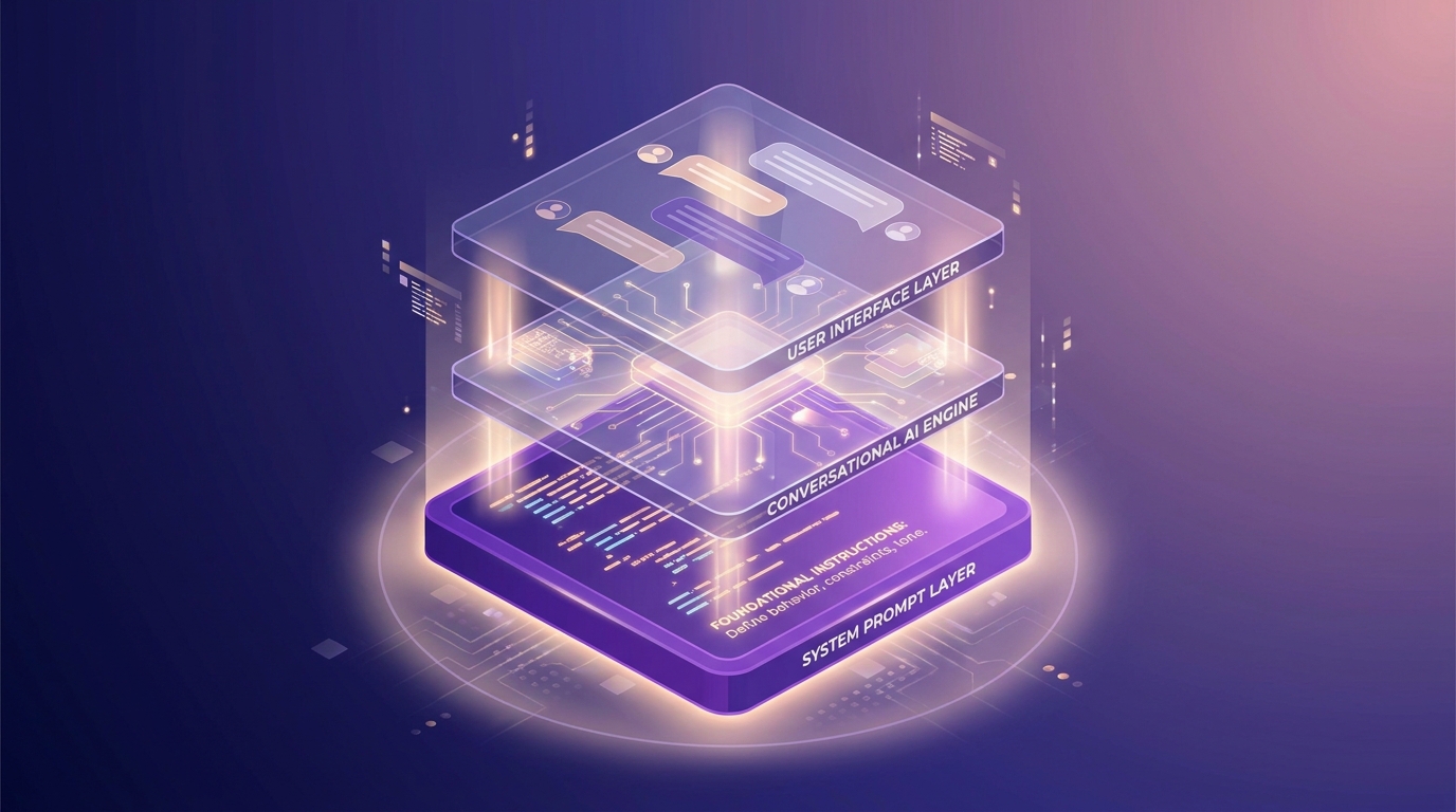 System prompt kiến trúc nền tảng dưới conversation gradient lavender tím technical illustration