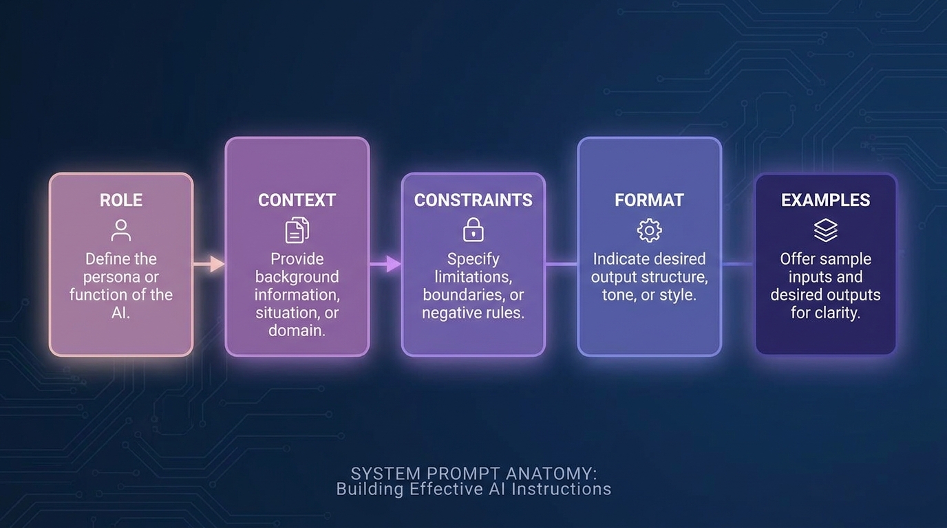 System prompt anatomy diagram role context constraints format examples lavender purple gradient infographic