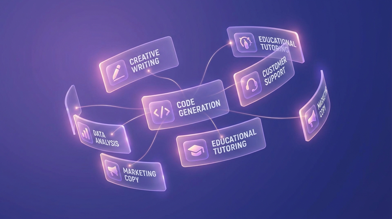 Library system prompt templates cards floating 3D space labeled use case lavender purple editorial illustration