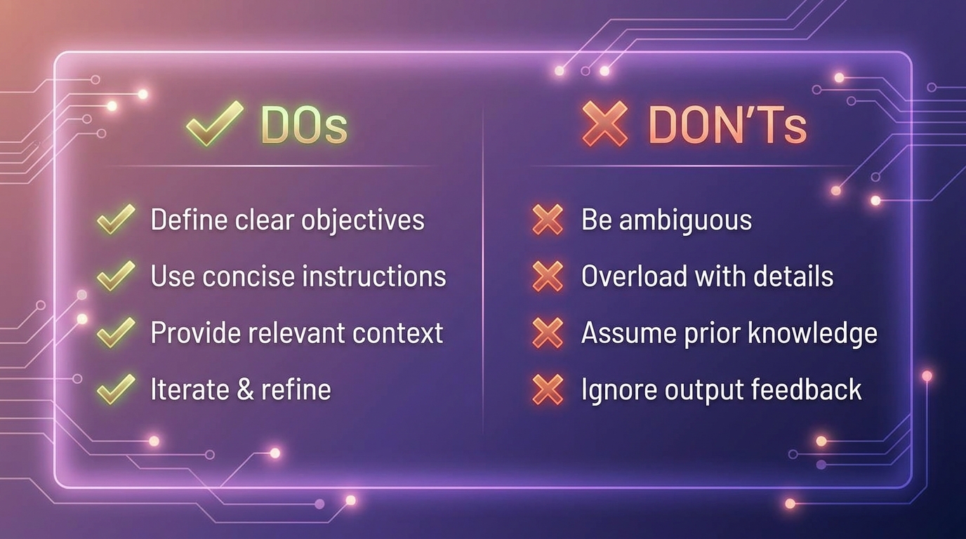 Visual checklist system prompt best practices glowing checkmarks dos and donts lavender indigo editorial diagram