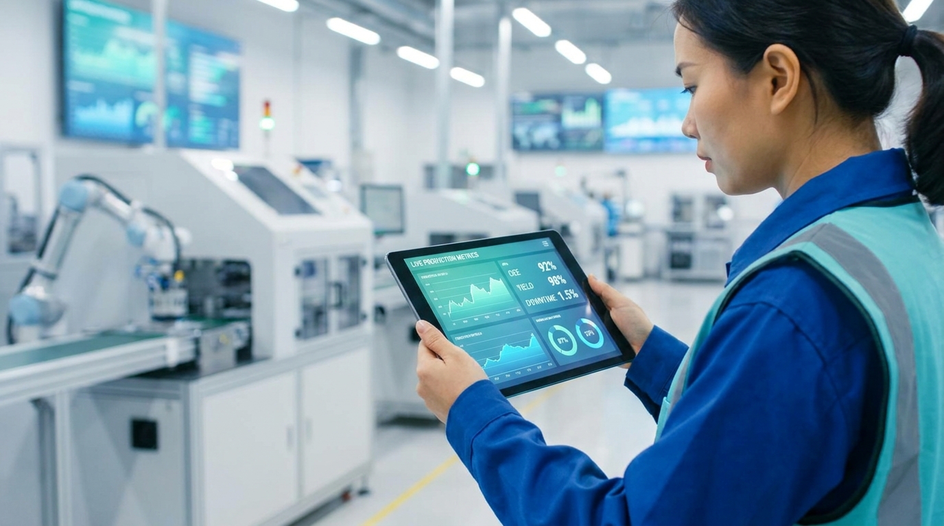 Công nhân Việt Nam dùng máy tính bảng kiểm tra dashboard sản xuất trong nhà máy thông minh