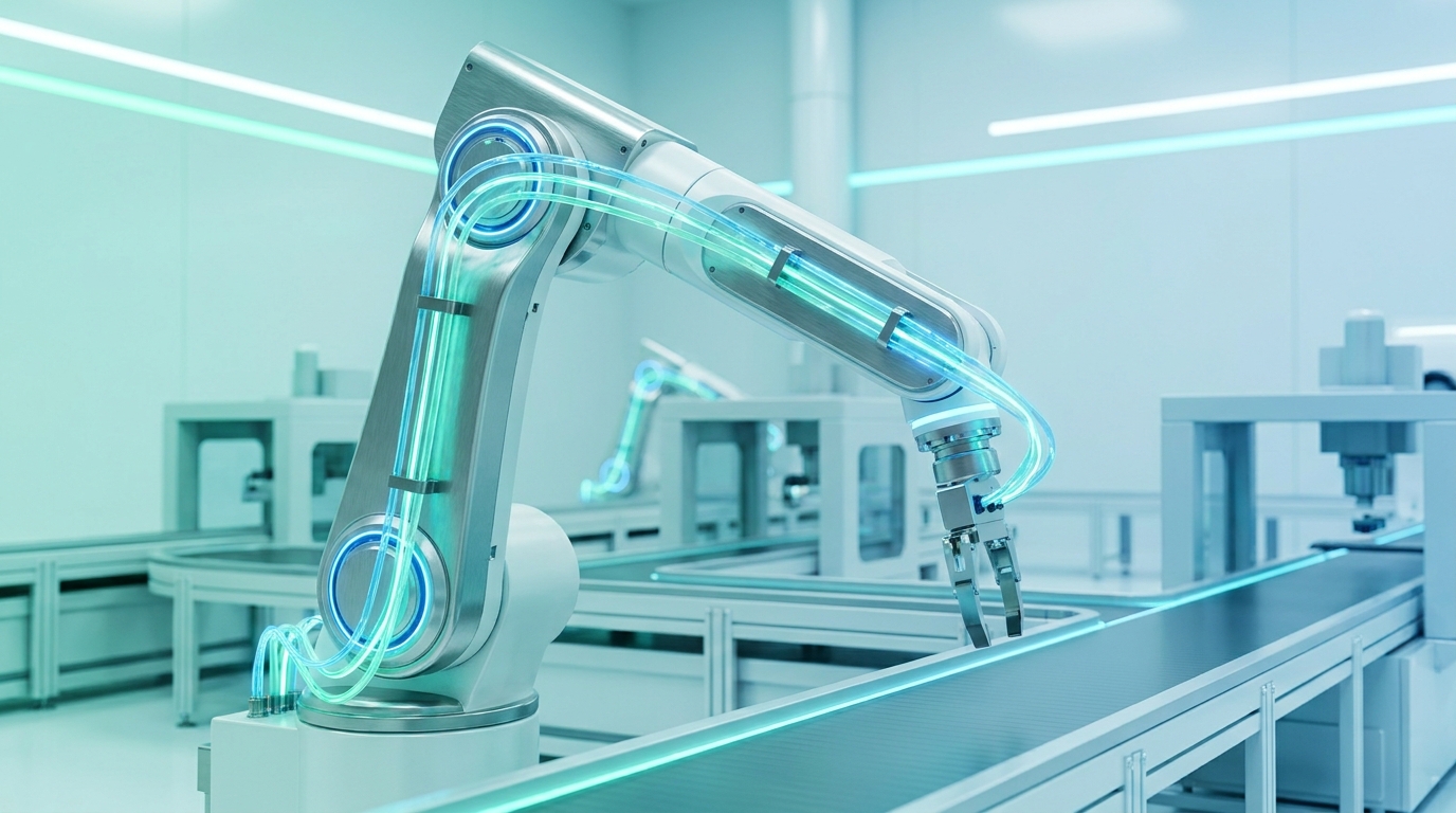 Cánh tay robot tự động trong nhà máy với cảm biến IoT và luồng dữ liệu kết nối