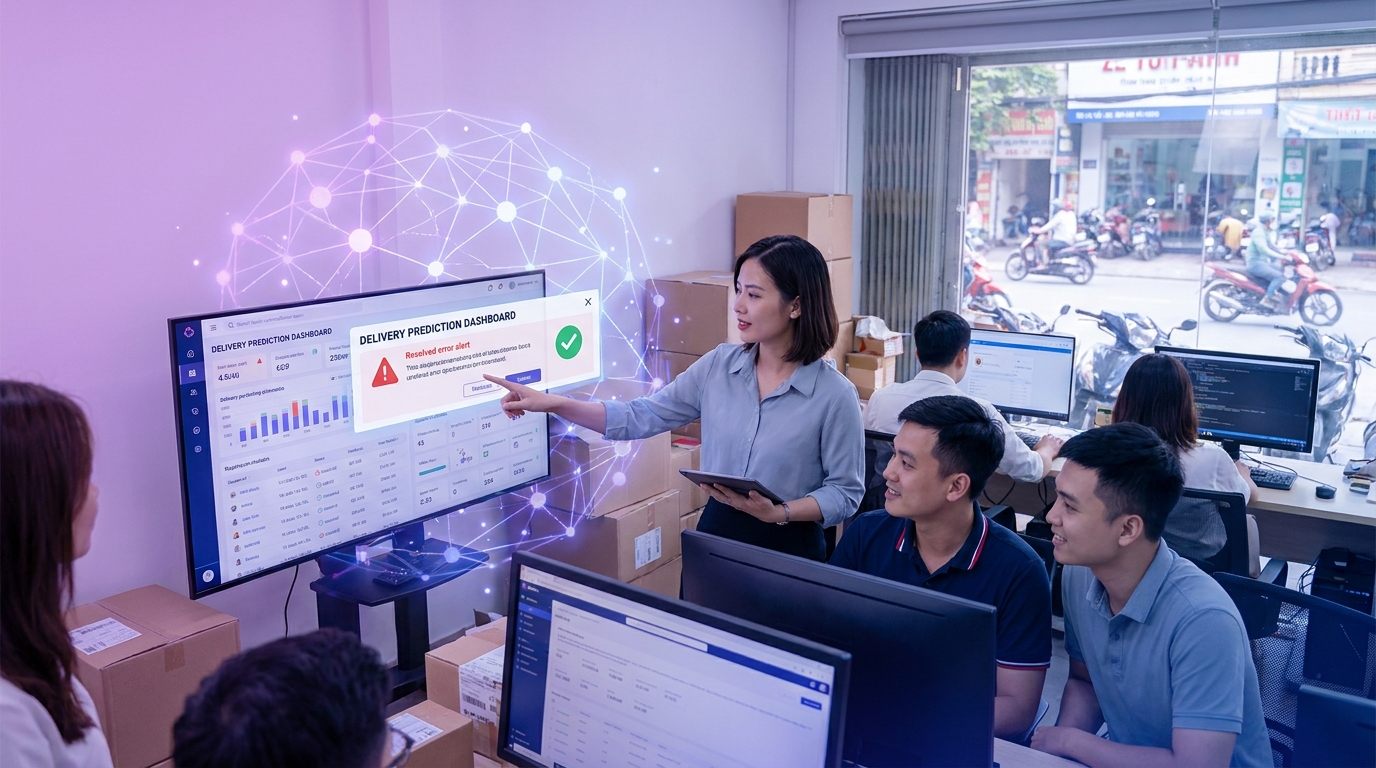 Minh họa ai logistics dự đoán thời gian giao giải quyết lỗi nào? cho AI logistics dự đoán thời gian giao