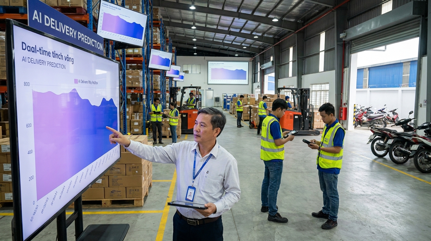 Minh họa nên tích hợp ai với vận hành kho ra sao? cho AI logistics dự đoán thời gian giao