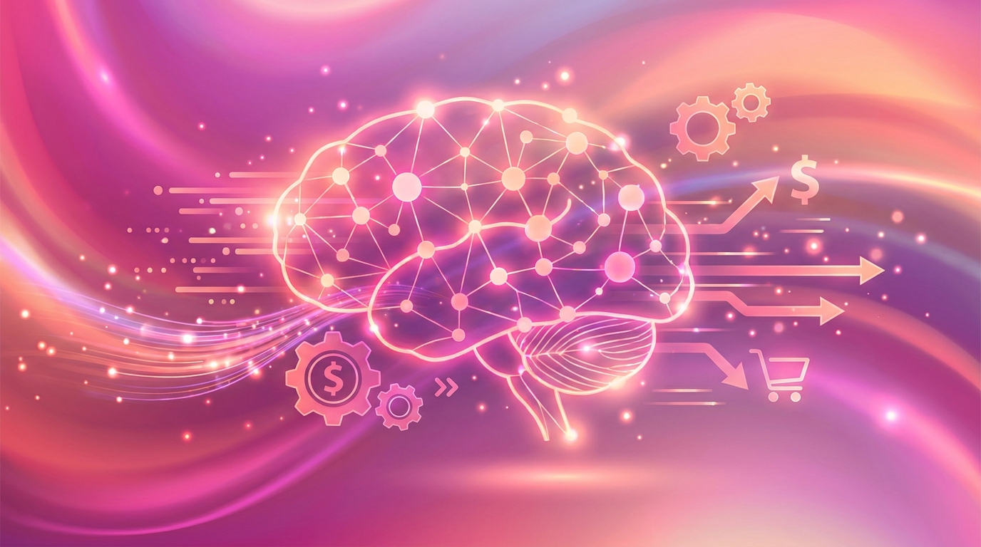 Minh hoạ Performance Max AI machine learning với neural network và conversion icons