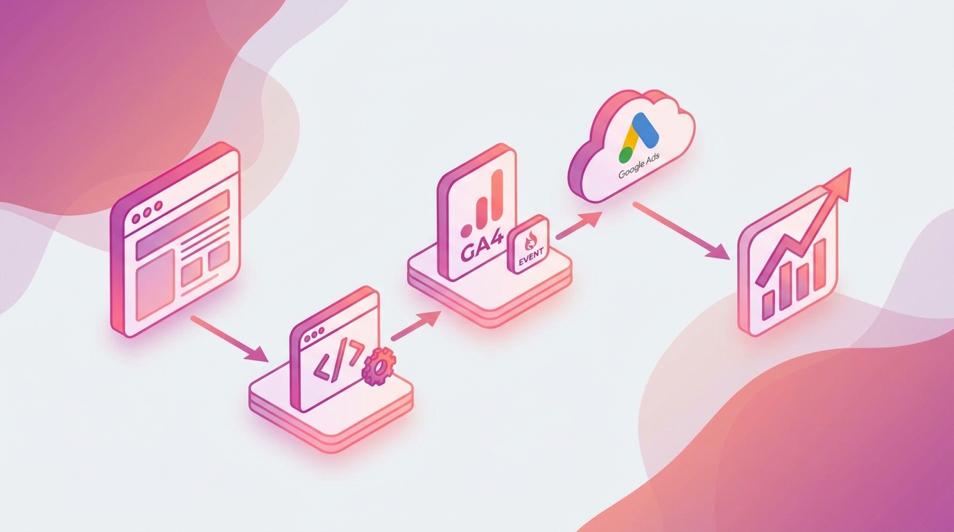 Minh hoạ conversion tracking setup với Google Analytics 4 GA4 events và Google Ads pixel