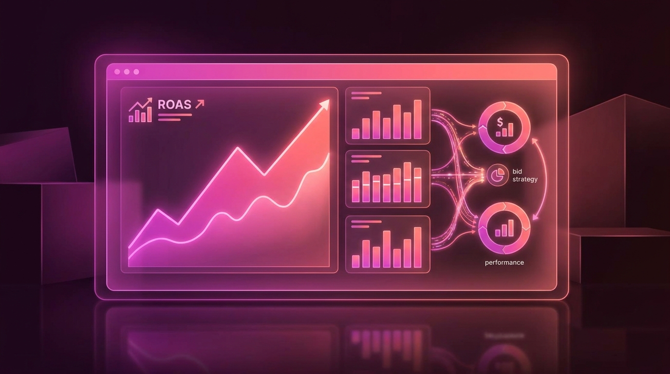Minh hoạ smart bidding analytics dashboard với ROAS charts và bid strategy performance metrics
