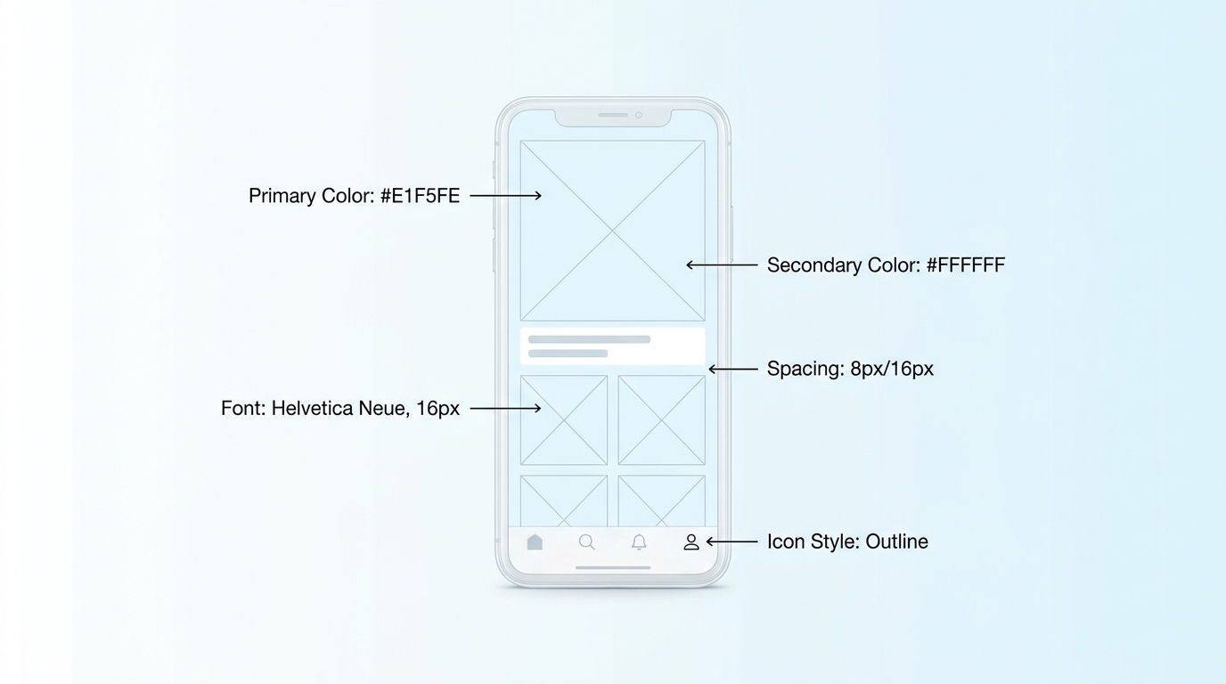 Mobile UI wireframe iPhone with design tokens annotated