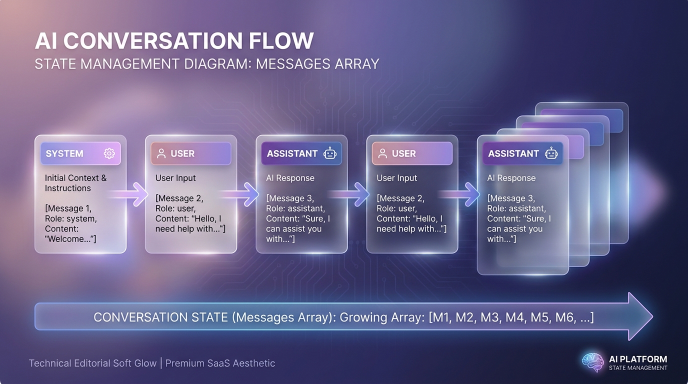 Diagram quản lý state trong Claude API với mảng messages tăng dần qua các lượt