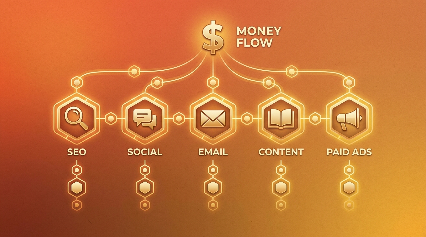 Sơ đồ khái niệm thể hiện dòng tiền chia thành nhiều kênh marketing qua các hình khối hình học và icon cho SEO, social media, email, content, paid ads