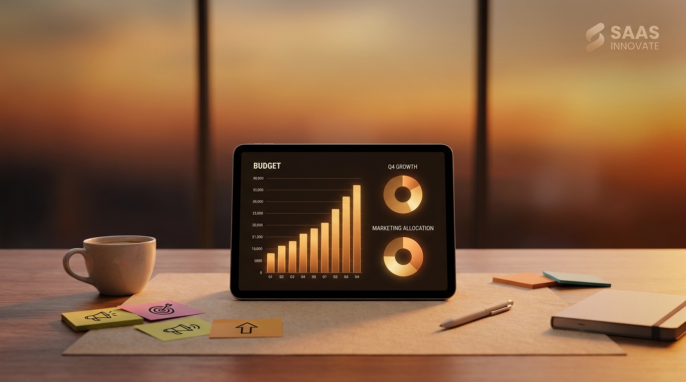 Bàn làm việc chuyên nghiệp với biểu đồ ngân sách marketing trên tablet, biểu đồ tròn phân bổ kênh và sticky notes chiến lược