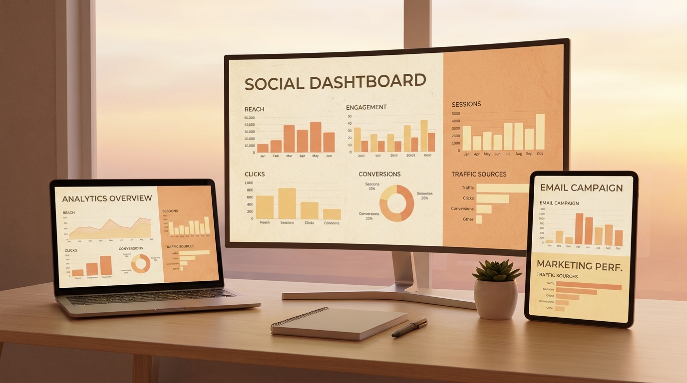 Không gian làm việc hiện đại với nhiều màn hình hiển thị dashboard social media, biểu đồ analytics, kết quả tìm kiếm và dữ liệu email campaign