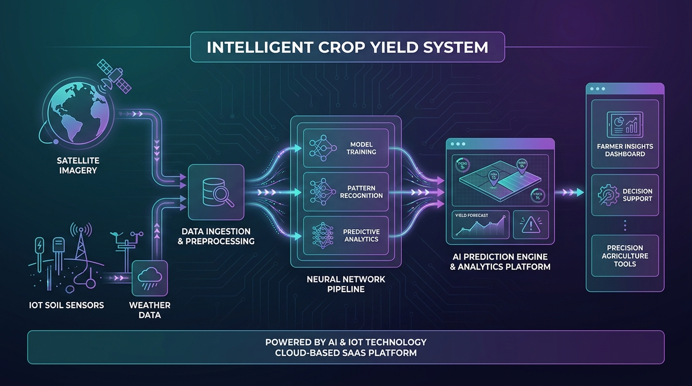 Kiến trúc hệ thống AI crop yield prediction với dữ liệu vệ tinh, cảm biến IoT và mô hình machine learning