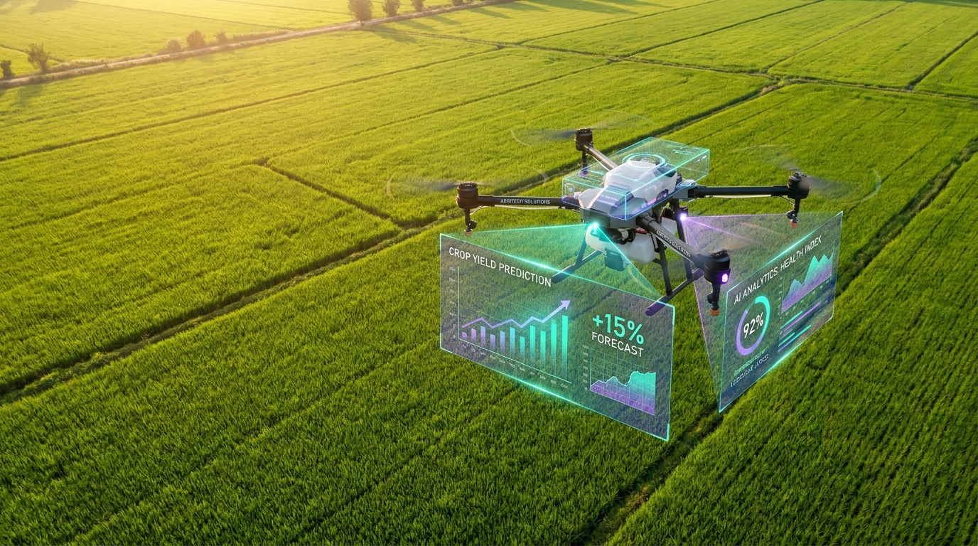 AI dự đoán năng suất cây trồng với drone bay trên cánh đồng lúa và biểu đồ dữ liệu phân tích