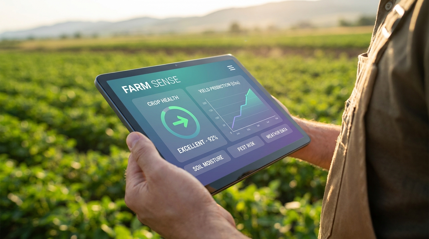 Dashboard AI smart farming hiển thị số liệu phân tích sức khỏe cây trồng và dự báo năng suất