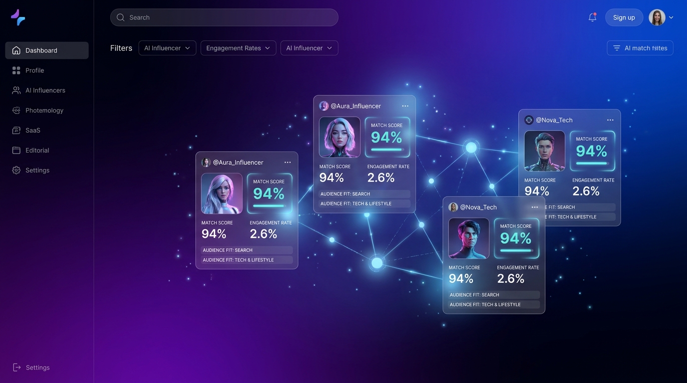 AI Influencer Discovery dashboard futuristic SaaS interface với match score và engagement metrics