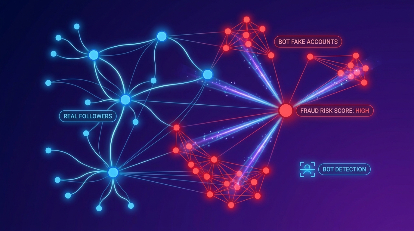 AI fraud detection network graph với real followers màu xanh và bot nodes màu đỏ được AI phát hiện