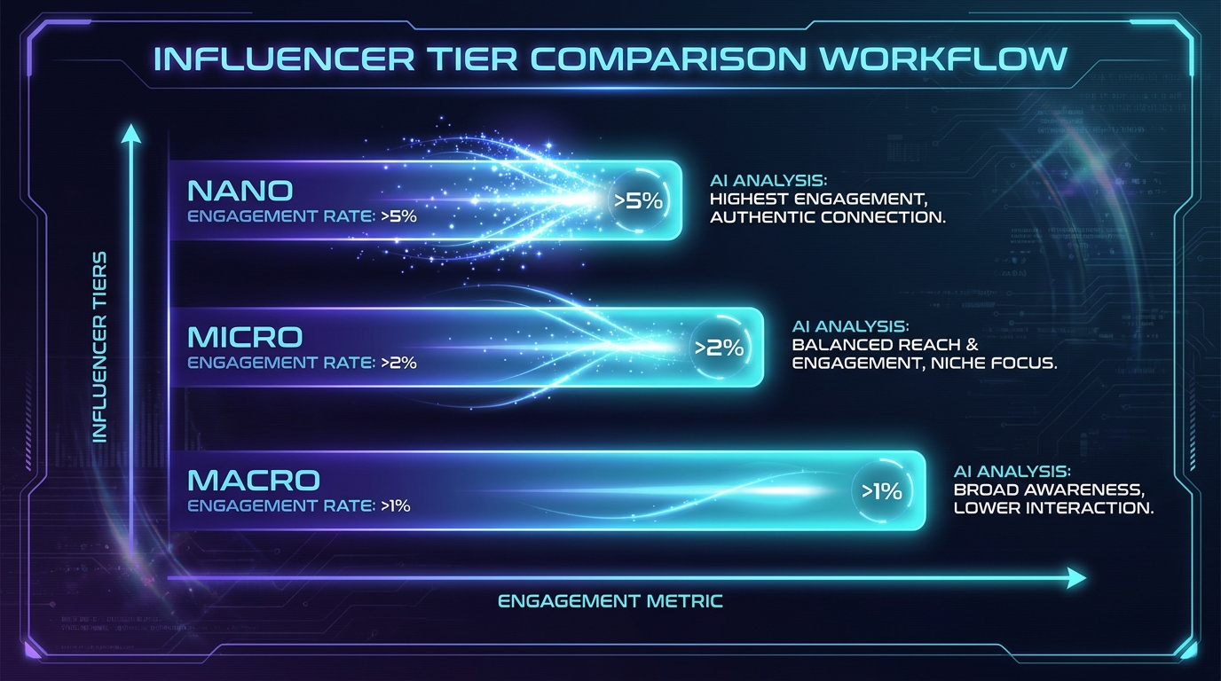 Influencer tier comparison workflow với AI phân tích engagement rate theo từng tier