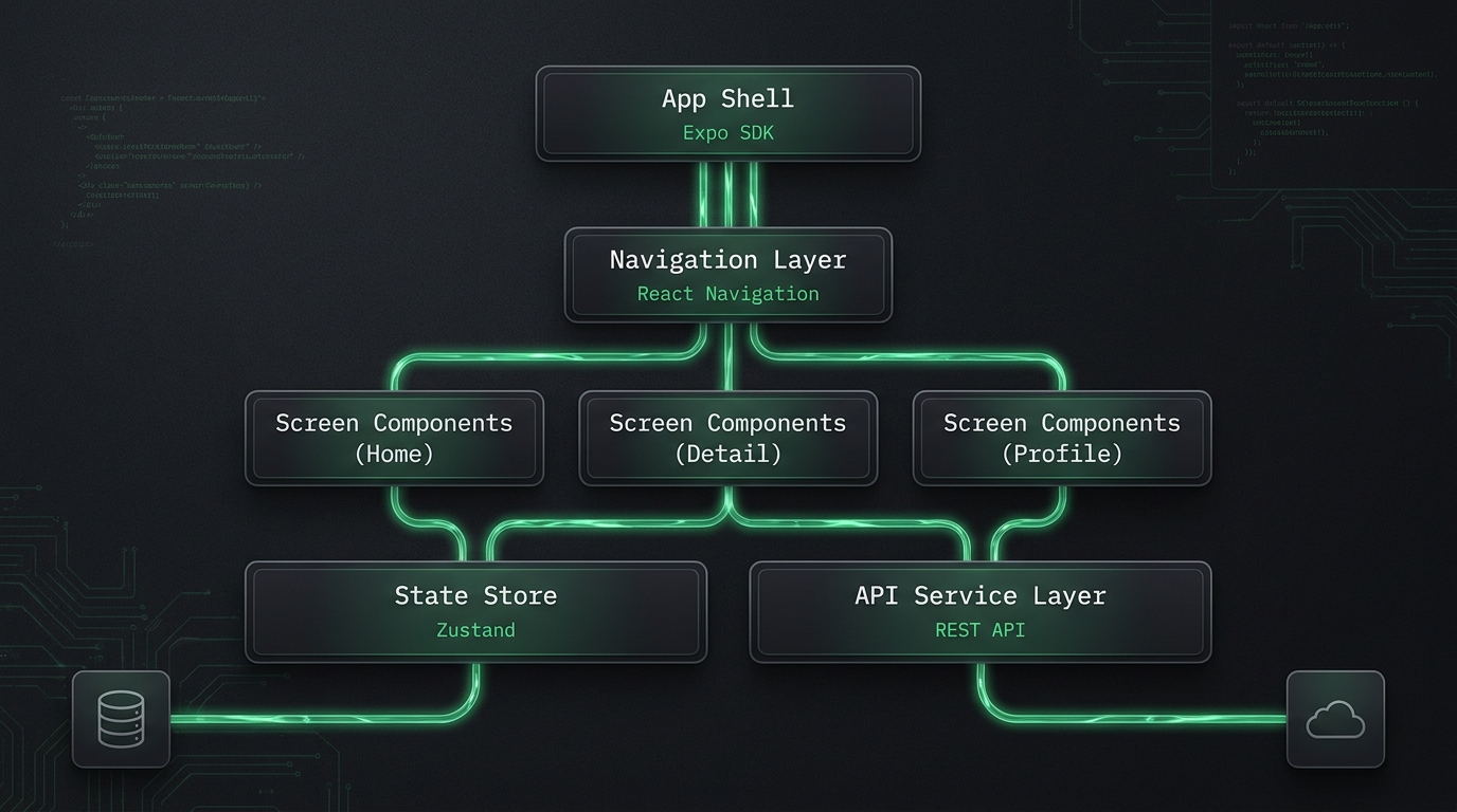React Native app architecture showing component tree, navigation layer, Zustand store, and REST API service layer, dark background with green connecting lines