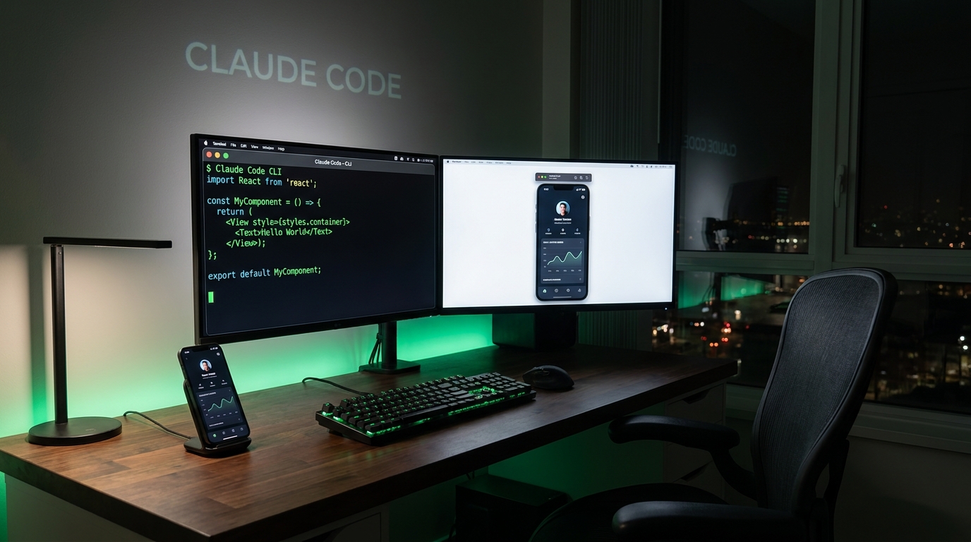 Claude Code terminal showing React Native code on developer workstation, mobile app preview on phone beside keyboard, dark developer aesthetic with green code accents