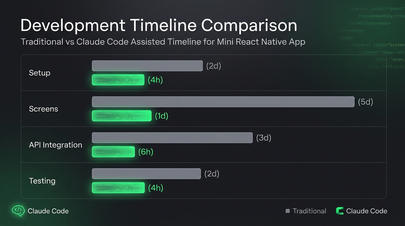 Horizontal bar chart comparing development timeline: Traditional vs Claude Code assisted for React Native mini app stages, dark background with green accent bars