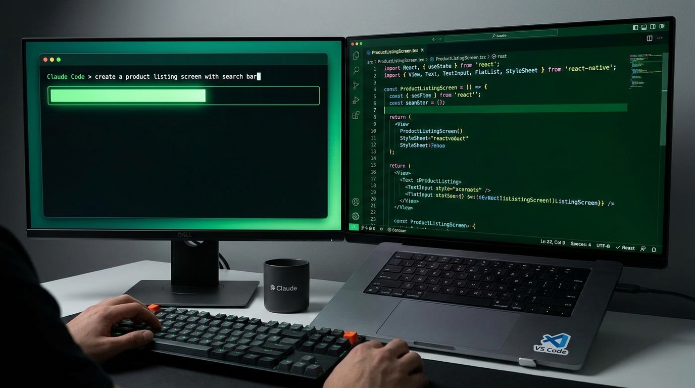 Split-screen: Claude Code terminal with Vietnamese prompt on left, auto-generated TypeScript React Native code appearing on right, dark editor theme with green syntax highlights