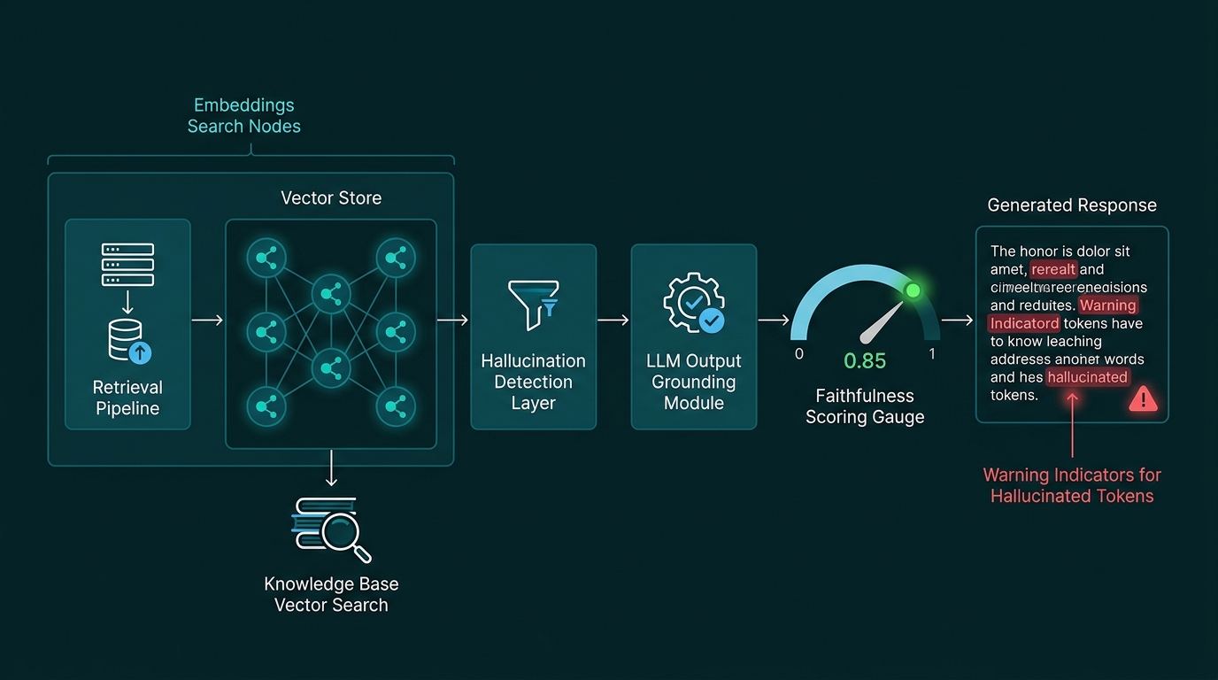 RAG Hallucination Architecture - vector search pipeline hallucination detection points deep teal