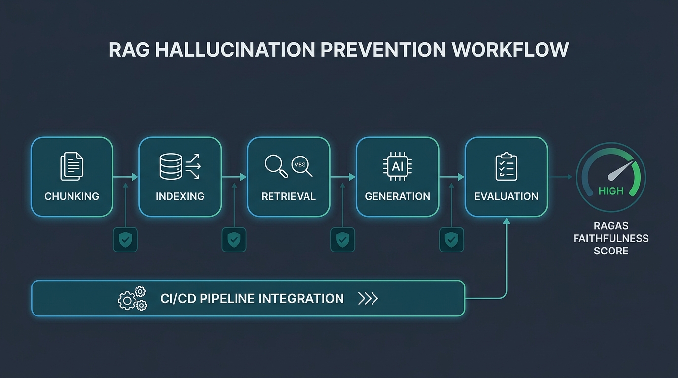 RAG Hallucination Prevention Workflow - 5-stage pipeline CI/CD quality gates RAGAS scoring