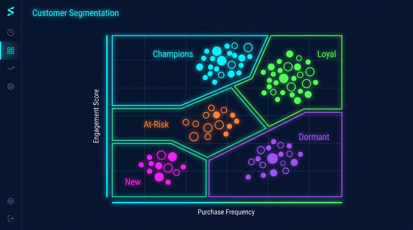 Bubble chart phân khúc khách hàng RFM với 5 cụm Champions Loyal At-Risk Dormant New trên nền navy neon