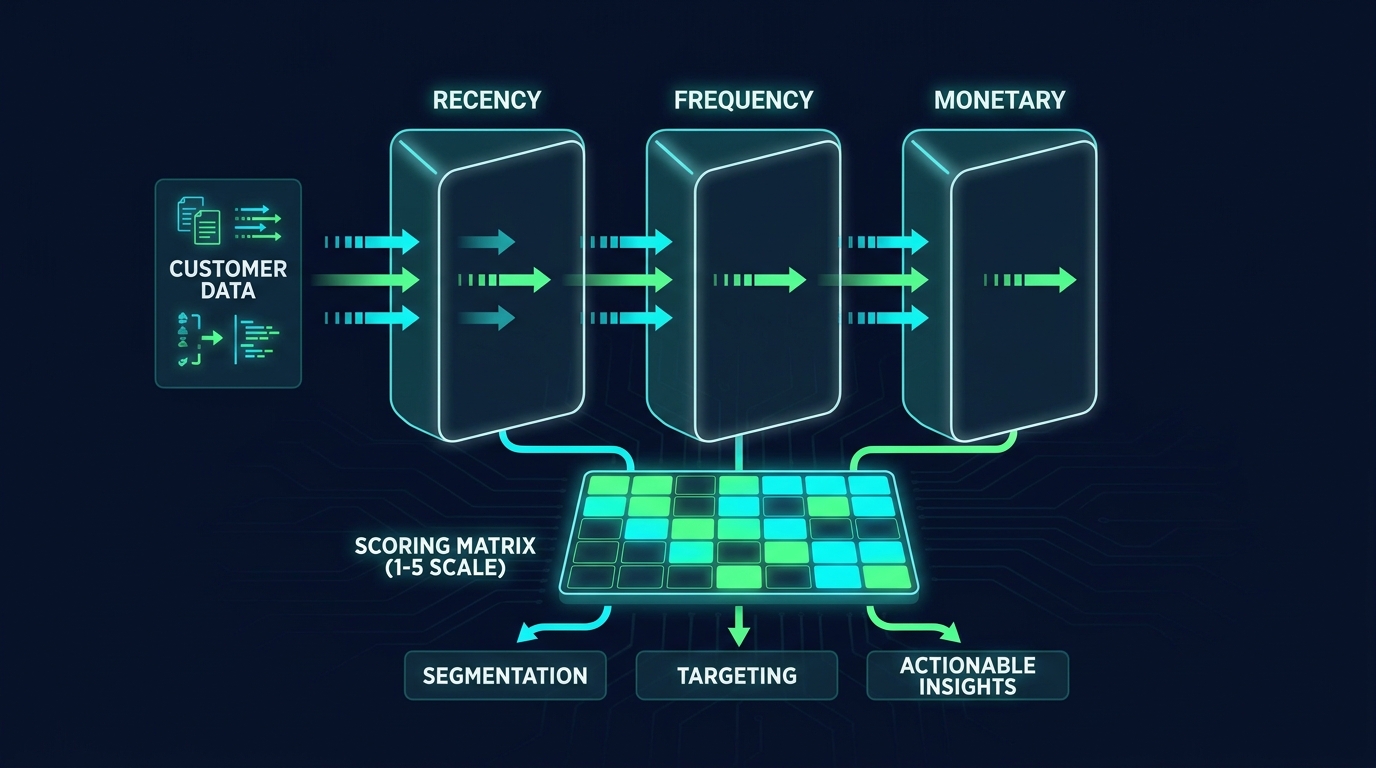 Sơ đồ công thức RFM model với ba trụ cột Recency Frequency Monetary trên nền navy neon