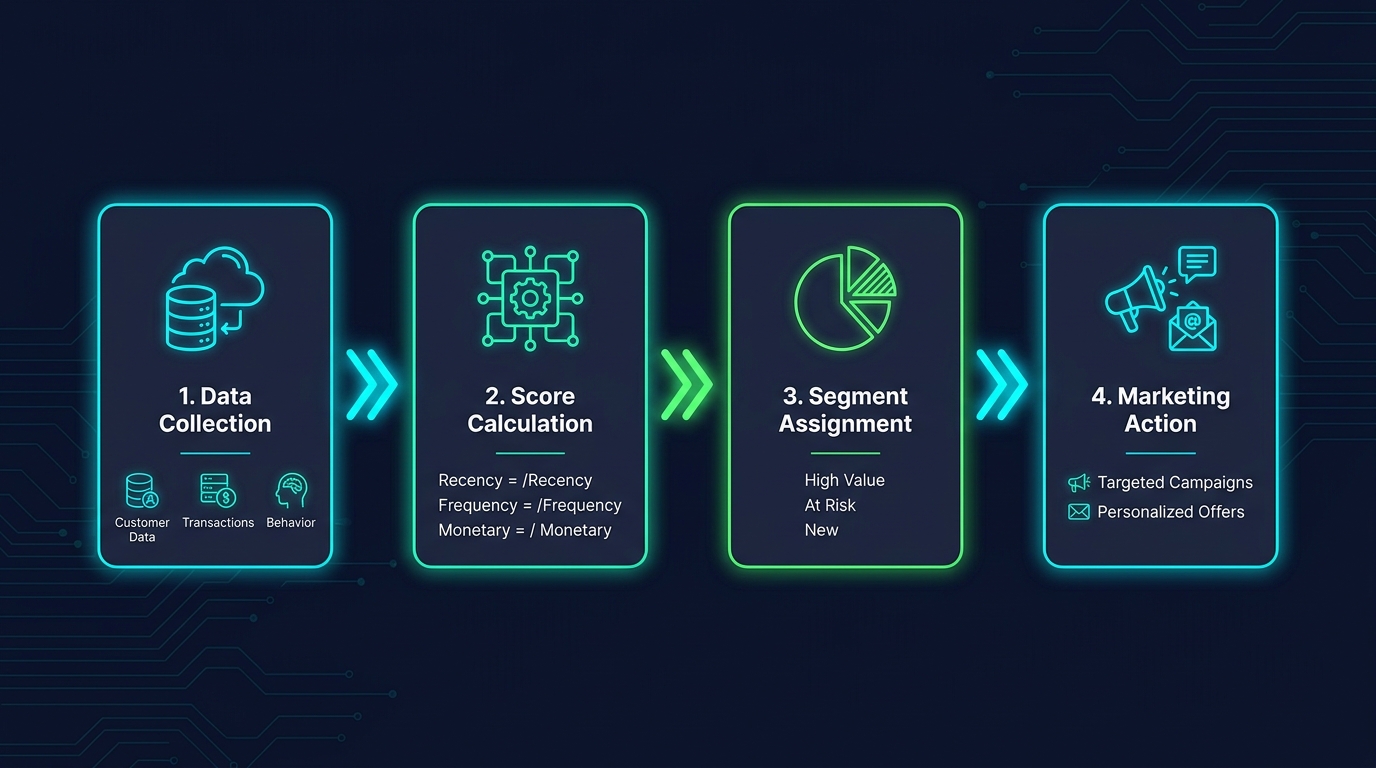 Workflow RFM scoring 4 bước Data Collection Score Calculation Segment Assignment Marketing Action với neon arrows
