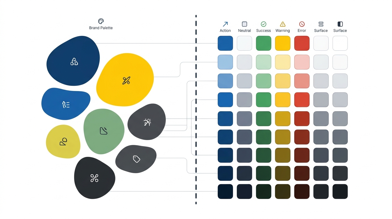 Color system architecture: brand palette gốc (trái) vs organized semantic token grid với labels (phải)
