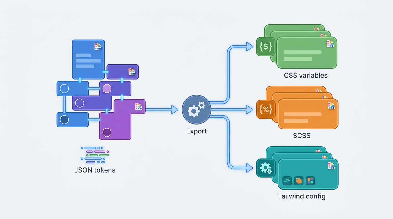 Color token export workflow: JSON token source branching sang CSS variables, SCSS, Tailwind config, Figma Variables