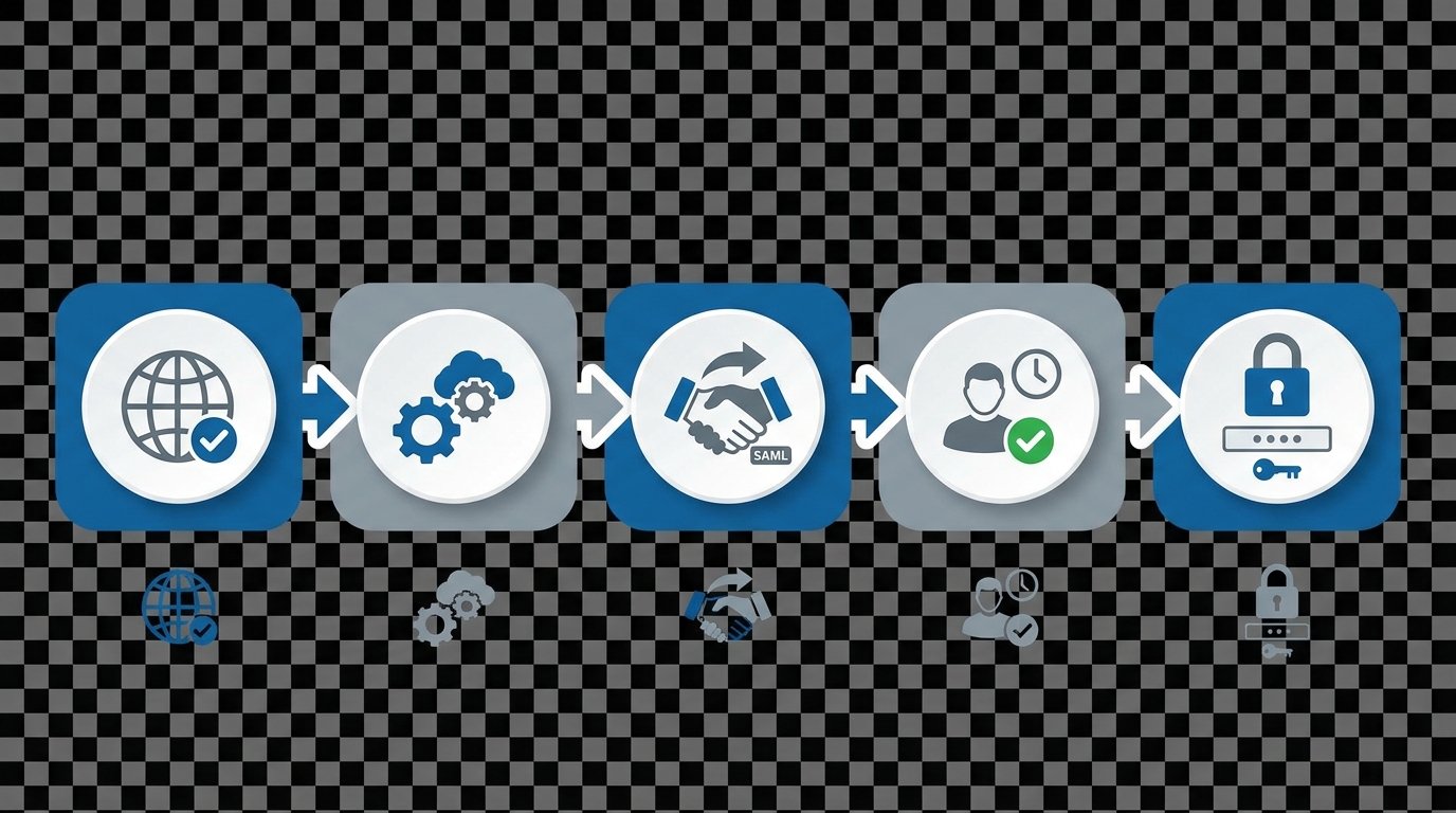 Workflow 5 bước thiết lập SSO: Domain Verify, IdP Configure, SAML Test, JIT Enable, Require SSO