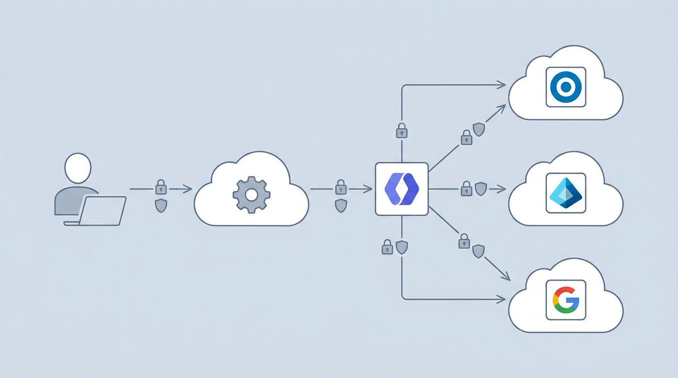 Kiến trúc SAML 2.0 SSO flow: User xác thực qua WorkOS kết nối với Okta, Entra ID hoặc Google Workspace