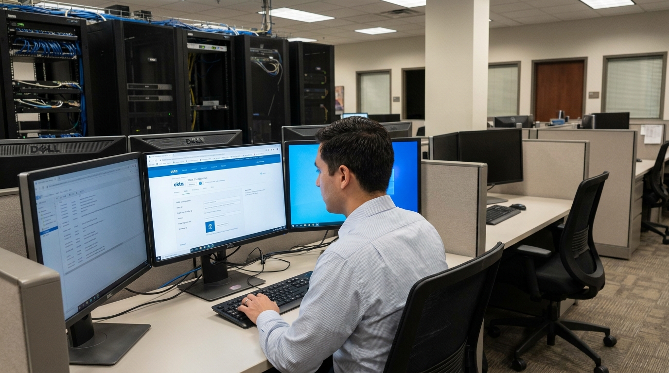 IT admin cấu hình SAML metadata trong admin panel Claude và identity provider Okta