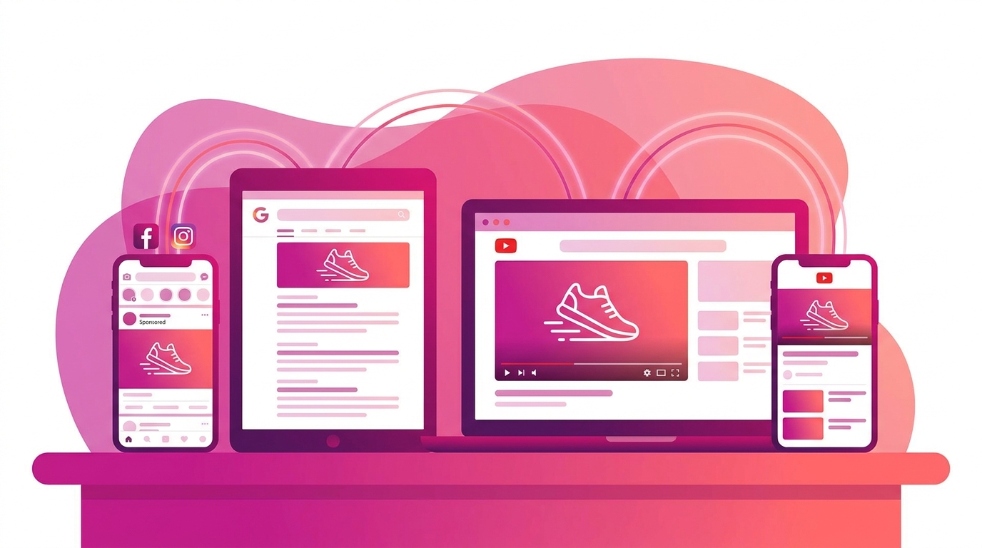 Minh hoạ cross-platform retargeting trên Facebook Instagram Google YouTube với consistent ad creative