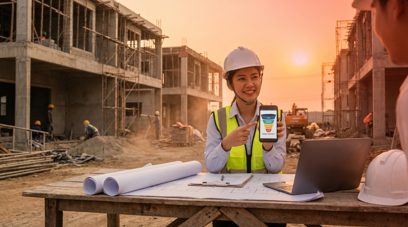 Môi giới đứng tại công trình kiểm tra phễu khách trên smartphone