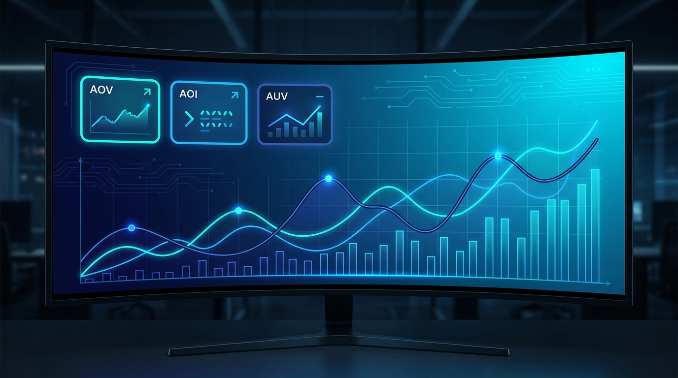 Dashboard AOV AOI AUV chỉ số doanh thu navy cyan cho SME Việt 2026
