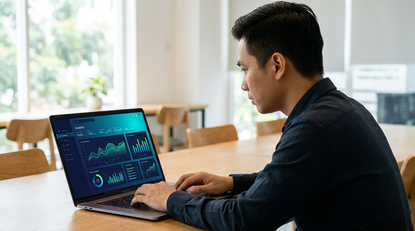 Chủ shop ecommerce Việt review revenue dashboard trên laptop
