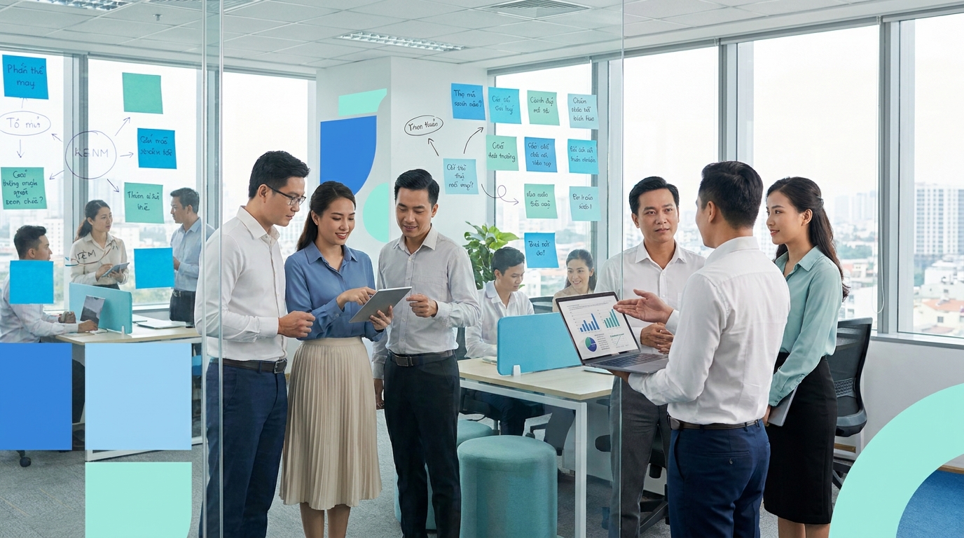 Đội ngũ doanh nghiệp Việt thảo luận chiến lược chuyển đổi số trong văn phòng hiện đại