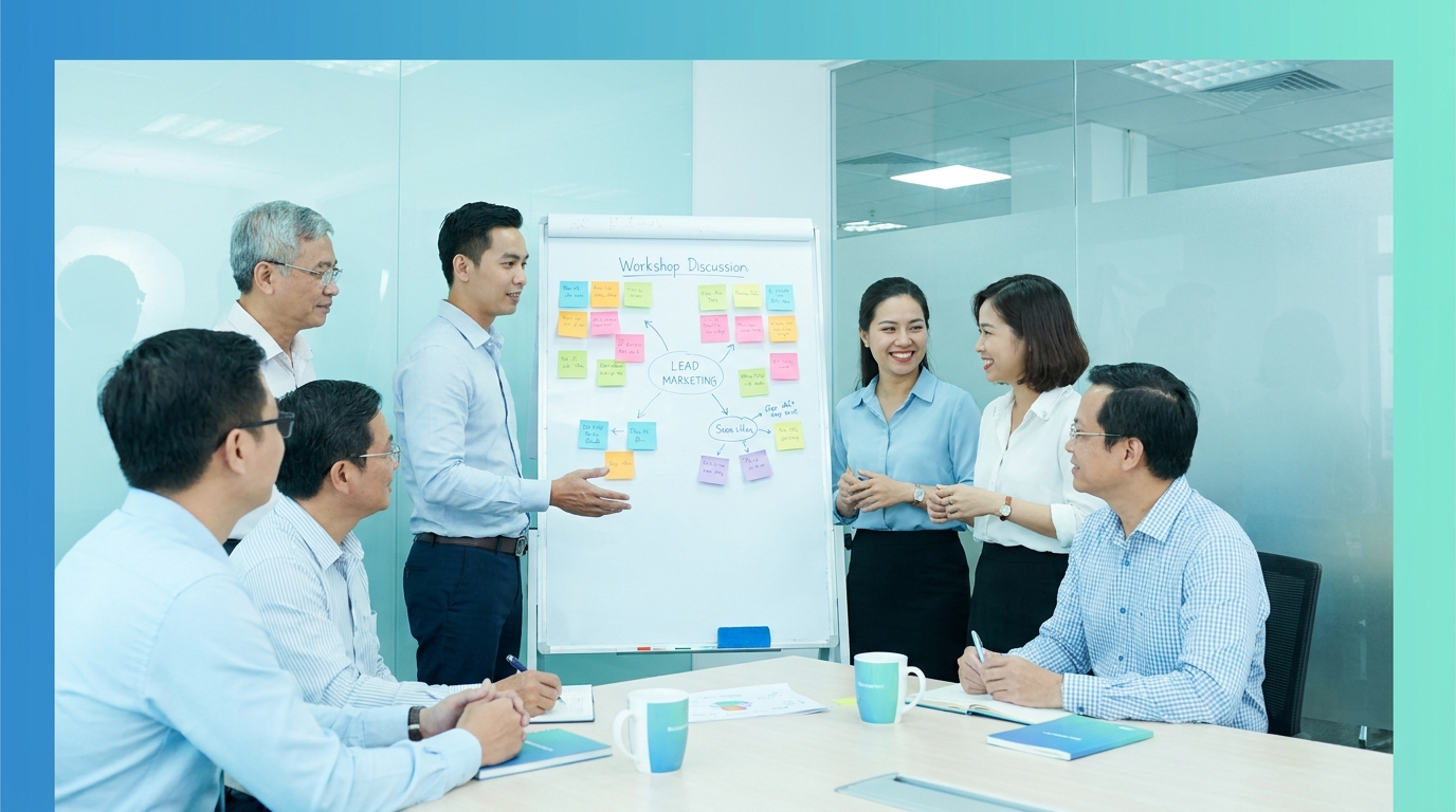 Đội ngũ Việt cộng tác trong workshop với sticky notes whiteboard