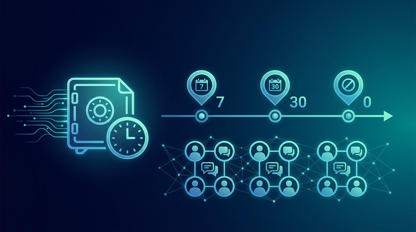 Vault biểu tượng tài liệu với timeline 7-day 30-day zero retention navy-teal corporate