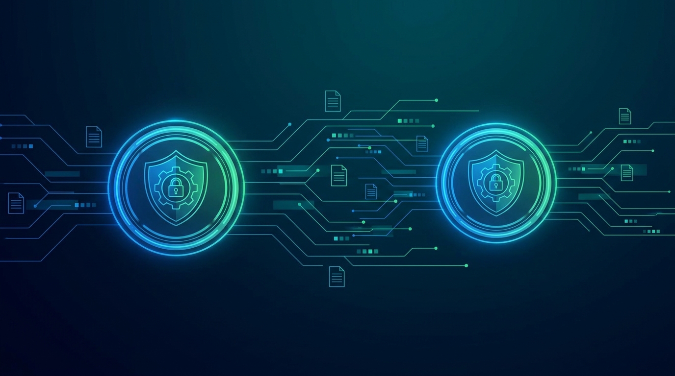 Shield icon GDPR HIPAA compliance trên nền navy-teal corporate