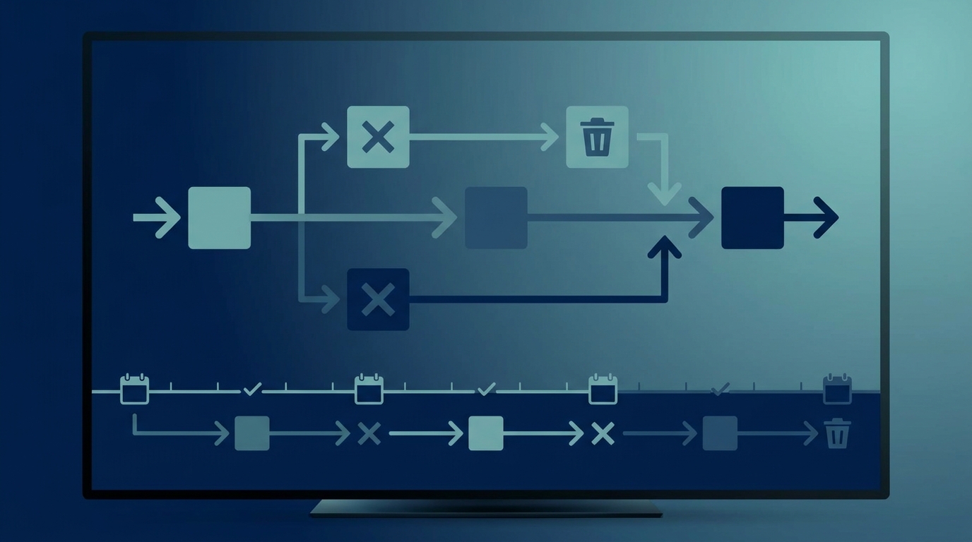 Diagram data flow input output deletion timeline calendar markers navy-teal